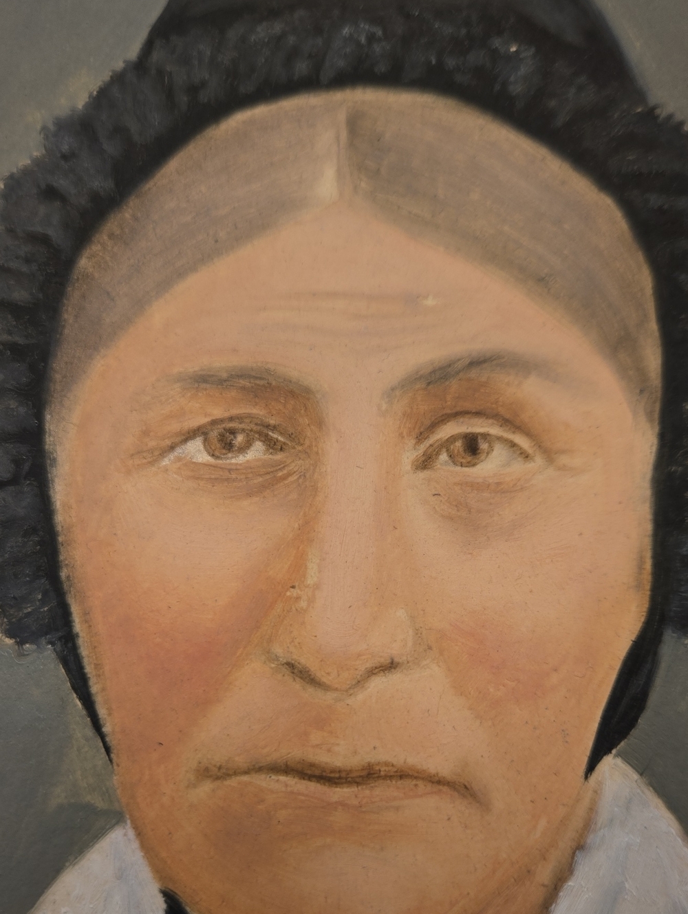 Antique Folk Portrait Painting of Woman in Black Bonnet - Picture 5 of 6